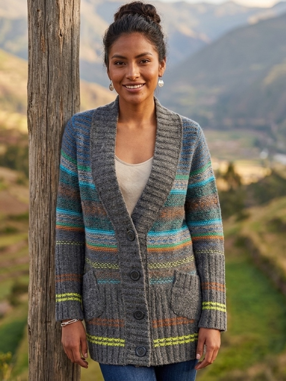 Free People Gray Striped Shawl-Collar Cardigan with Teal and Lime Accents